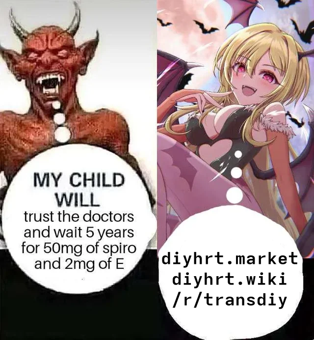 A two panel meme. The first has an image of satan with a thought bubble. The second has a picture of a vampire woman with a bunch of bats and revealing pink clothes.  Satan is saying "my child will trust doctors and wait 5 years for 50mg of spiro and 2mg of E" and the hot vampire is saying "diyhrt.market, diyhrt.wiki, and r/transdiy"