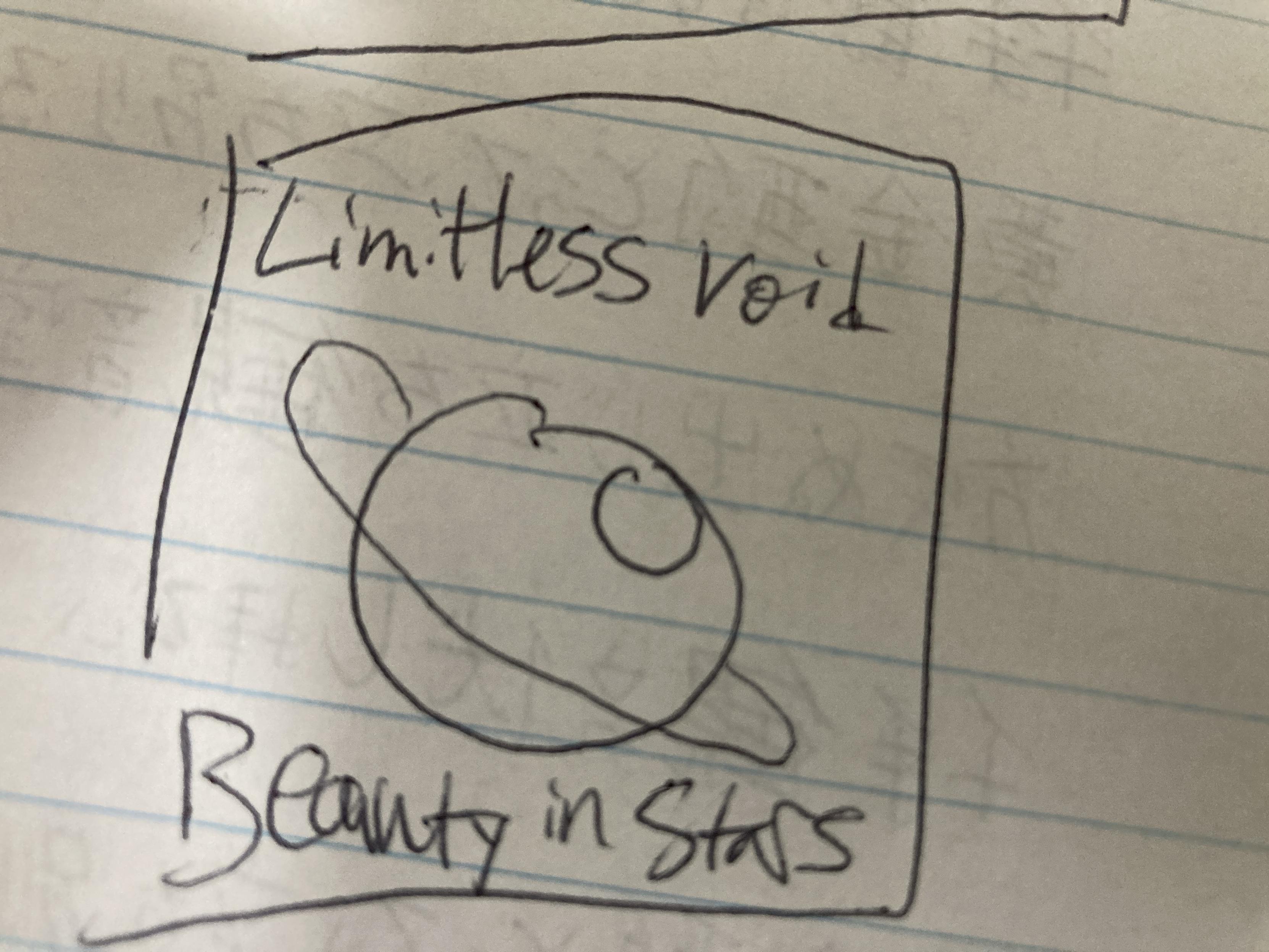 Planet with a ring. Text: limitless void. Beauty in stars.