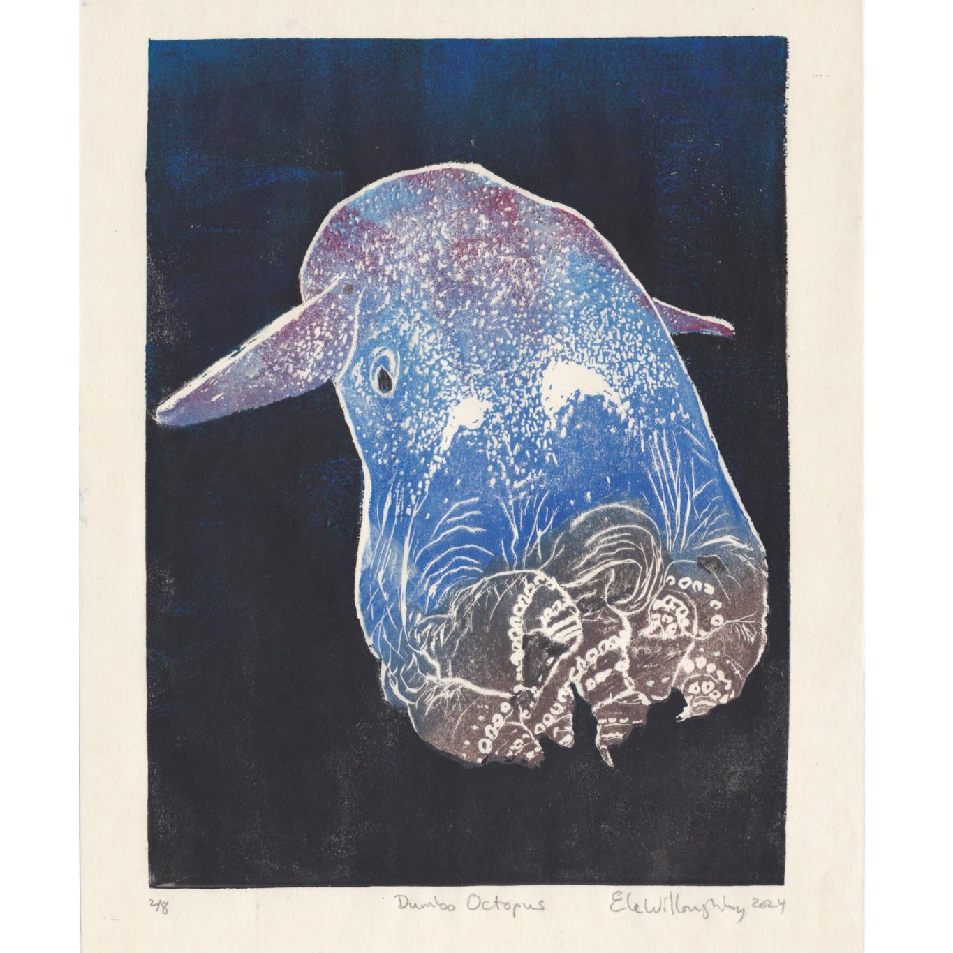 As described this is my hand-carved and hand-pulled Lino block print of a charming Grimpoteuthis octopus, one of a genus of pelagic cirrate (finned) octopods known as the dumbo octopuses. The water looks black and the octopus has its brown tentacles curled in to its indigo body with reddish fins. Each print is 9.25” by 12.5” on delicate Japanese washi paper.