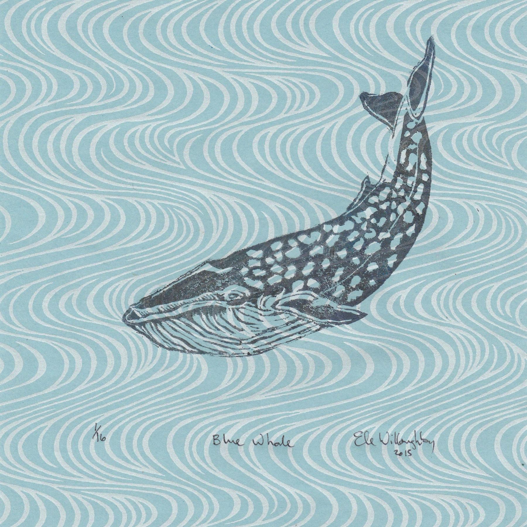 My Blue whale linocut shows a dark grey diving whale on pale blue Japanese paper screen printed with a vertical wavy silver pattern